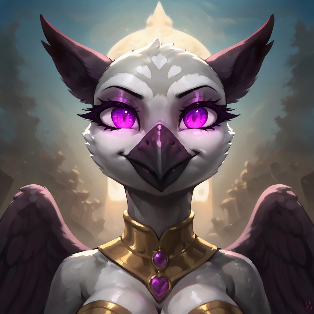 masterpiece, score_9, score_8_up, score_7_up, (best quality:1.1), ultra-detailed, high resolution, 1character, beak, wings, feathery ears, female, princess sköldsvärd, corrupted, jewelry, evil eyes, demonic smirk, (((beautiful detailed purple eyes))), Long eyelashes, Looking At Viewer, Highly Visible, (((8k))), Source_anime, from Equestria at War, glowing eyes, large round breasts, corrupted royal dress, corrupted clothing style, detailed outfit, extremely detailed, griffon, anthro, solo, sensual, scary, looking at viewer, feathery ears, perfect lighting, (In the castle ballroom), detailed background, zPDXL2