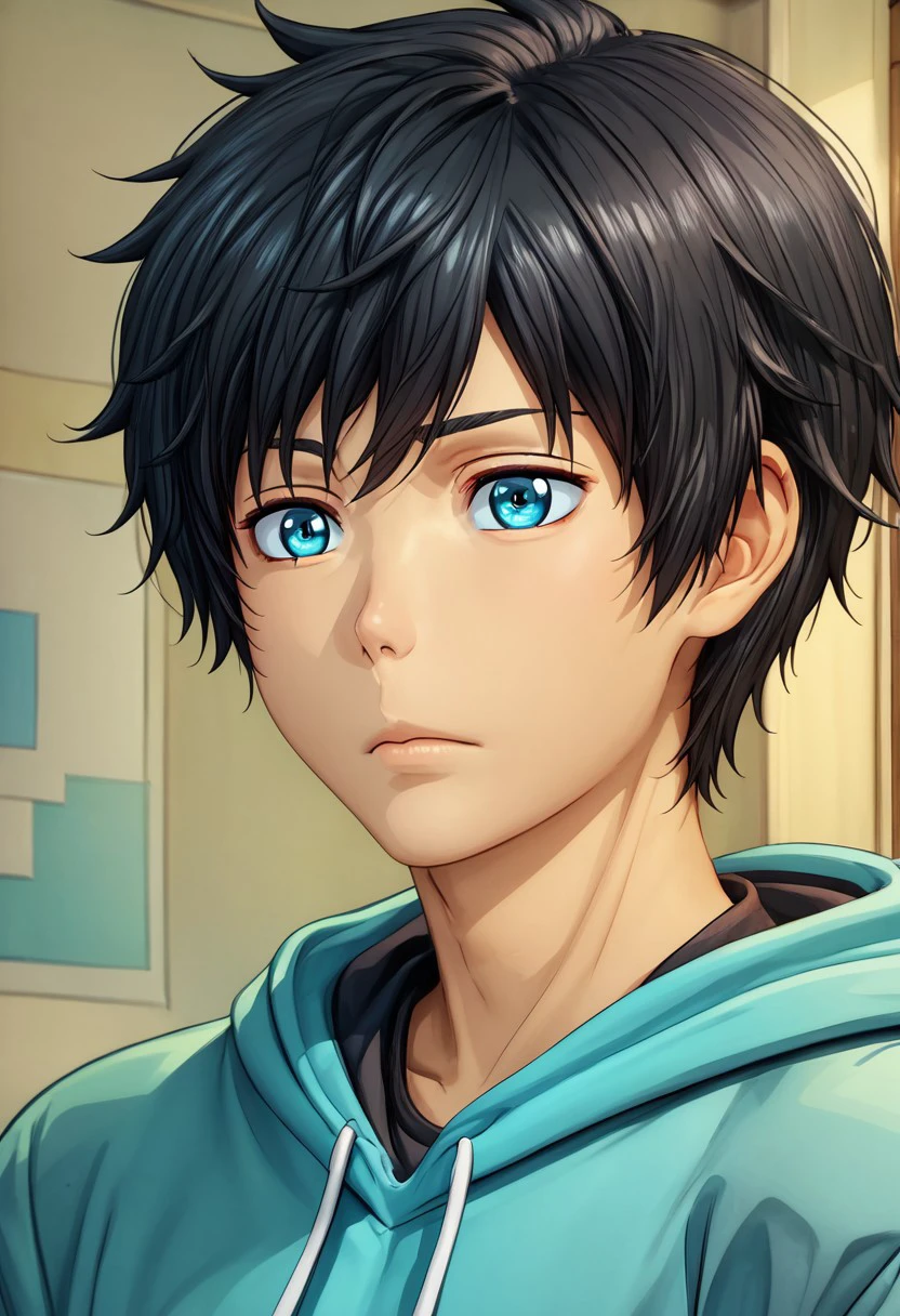 high resolution, solo, best quality, 1Boy, Arata Kaziaki, Black Hair, Blue Eyes, Bangs, Hoodie, close up, portraits,