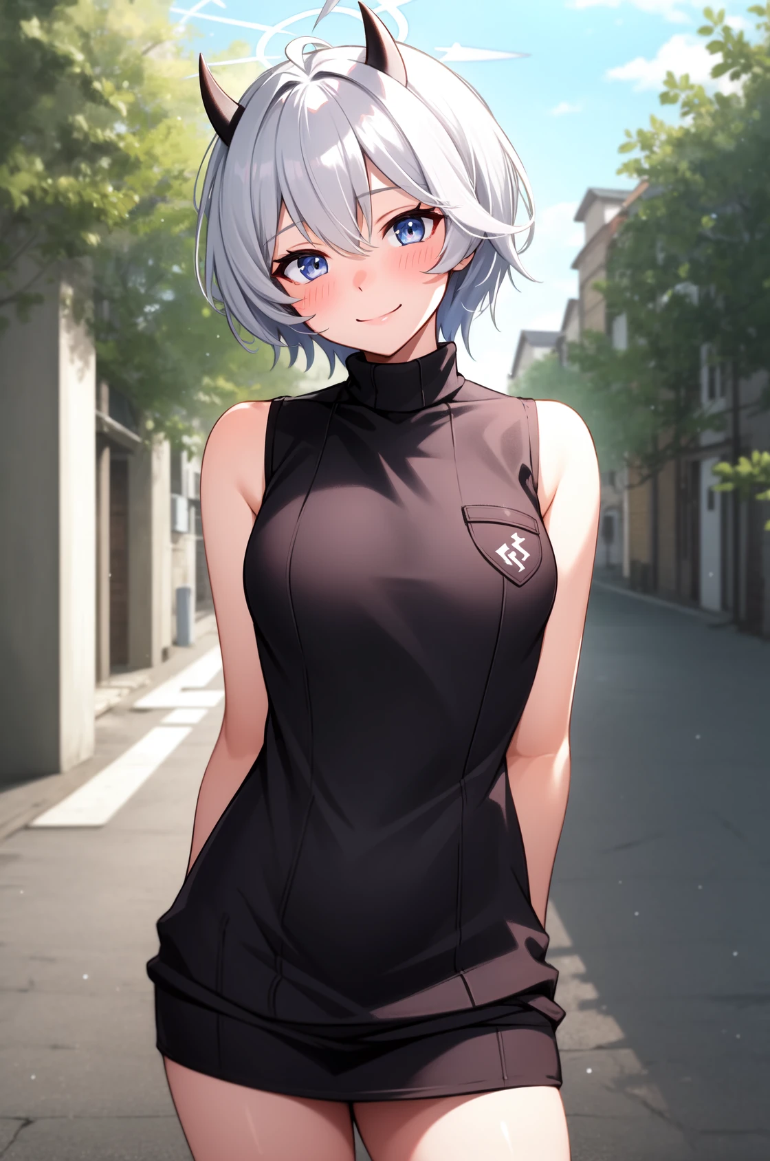 solo, masterpiece, best quality, outdoors, street, looking at viewer, smile, closed mouth, blush, standing, cowboy shot, erika, blue eyes, grey hair, short hair, black horns, halo, ribbed sweater, sweater dress, turtleneck, sleeveless 