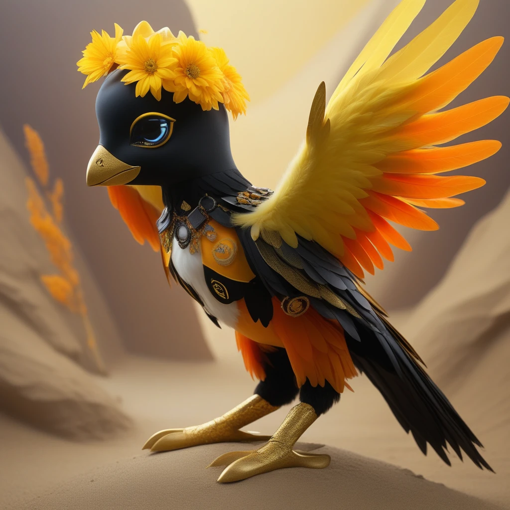 mountain, bandages, twitter username, polearm, gradient, debris, sand, reference inset, male focus, yellow flower, jewelry, focused, orange sky, black wings, food, snowing, male focus, chicken, spread wings, pumpkin