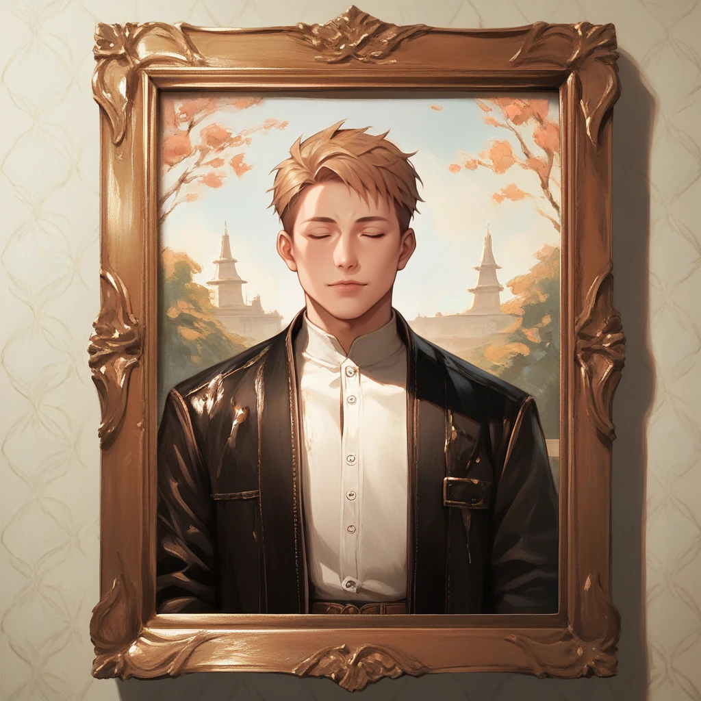 score_9,score_8_up,score_7_up,score_6_up,source_anime,rating_questionable, solo, 1boy, eyes closed, <lora:Portrait_Frame:0.8> portraitframe, oval frame,oil painting, zPDXL2,