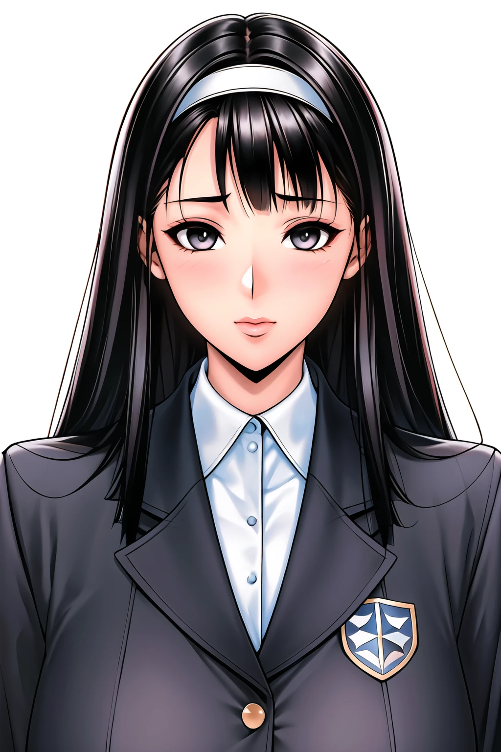 Simple Background,White Background,
dynamic pose,standing at attention,
school uniform,black jacket,  long sleeves, red ribbon, collared shirt, 
<lora:Endo_Miki_Gtaste-KK77-V1:0.7>,
black eyes, black hair,Long hair,hairband,blunt bangs, 
<lora:more_details:0.1>,<lora:Oda_Non_Style-KK77-V2:0.3>,<lora:Sexy_AIart-KK77-V1:0.3>,
1 girl, 20yo,Young female,Beautiful long legs,Beautiful body,
Beautiful Nose,Beautiful character design, perfect eyes, perfect face,expressive eyes,perfect balance,
looking at viewer,(Focus on her face),closed mouth, (innocent_big_eyes:1.0),(Light_Smile:0.3),
official art,extremely detailed CG unity 8k wallpaper, perfect lighting,Colorful, Bright_Front_face_Lighting,White skin,
(masterpiece:1.0),(best_quality:1.0), ultra high res,4K,ultra-detailed,
photography, 8K, HDR, highres, absurdres:1.2, Kodak portra 400, film grain, blurry background, bokeh:1.2, lens flare, (vibrant_color:1.2),professional photograph,
(Beautiful,large_Breasts:1.4), (beautiful_face:1.5),(narrow_waist),