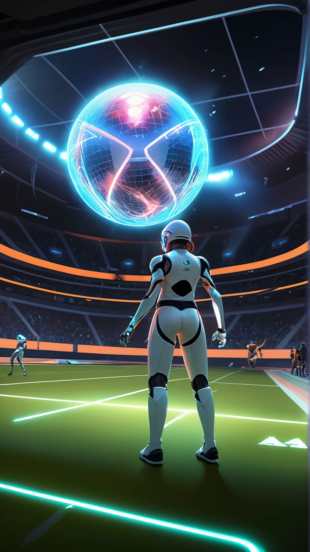 A high-energy digital artwork of a futuristic sports game, with players in sleek, high-tech uniforms, a glowing ball, and a dynamic stadium filled with cheering fans, capturing the excitement and innovation of future athletics.
,masterpiece, best quality, creative artwork, trending on artstation,