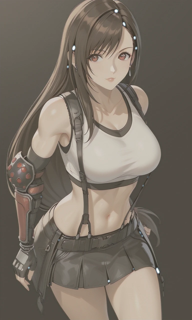 Tifa Lockhart, Final Fantasy VII, Long Black Hair, Bangs, Brown Eyes, Delicate Face, Athletic and Toned, Medium Height, Large Breasts, Tight White Top, Black Suspenders, Short Black Skirt, Black and Red Combat Gloves, Red Combat Boots, Brown Belt