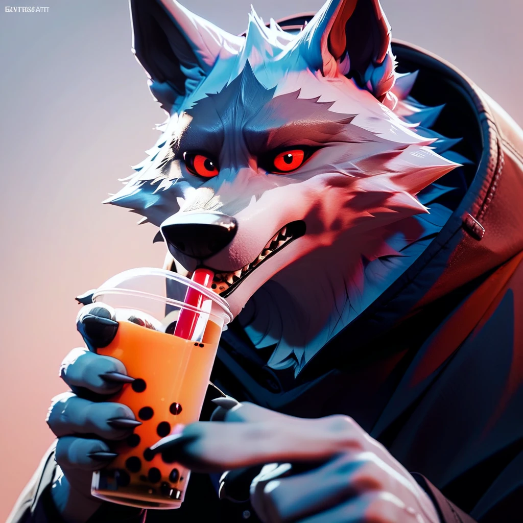 score_9_up, score_8_up, score_7_up, source_furry, Death \(character\), wolf, 1boy, solo, red eyes, drink bubble tea, holding,