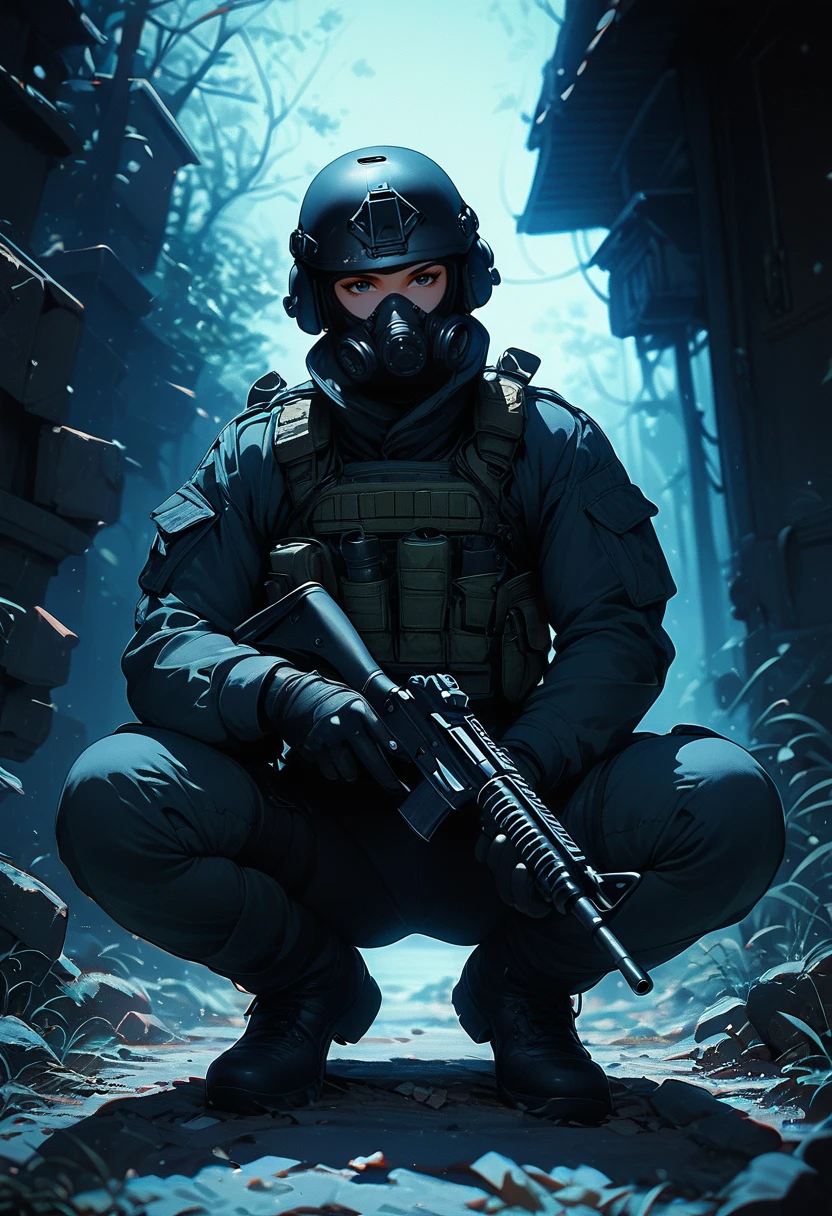 (score_9, score_8_up), score_7_up,  gloves, long sleeves, looking at viewer, outside, waving, squatting, male focus, black gloves, uniform, gun, military, mask, helmet, holding gun, pouch, dark theme, gas mask, tactical clothes, all black attire, bulletproof vest , blue lighting, retro
<lora:nostalgia-000011:0.7>   <lora:warcore-000011:0.7>