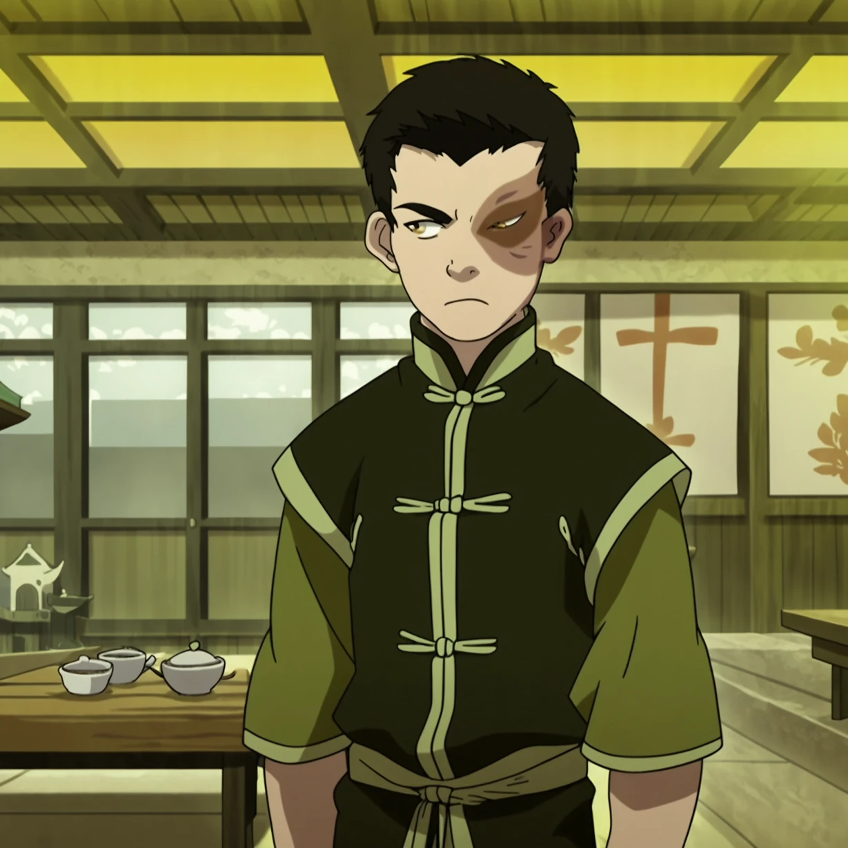 score_9, score_8_up, source_anime, anime coloring, anime screenshot, zuko, teashopoutfit, cowboy shot, black hair, very short hair, burn scar, standing, chinese clothes, green vest, indoors, cafe, serving tea, upper body