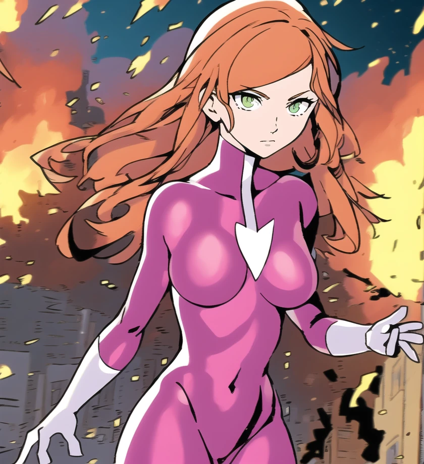 <lora:Plastique_DC_Comics:1> plastique, orange hair, green eyes, (pink bodysuit:1.3), white gloves, arrow symbol on chest, medium_breasts, building exploding in the background, building on fire, suburban street, houses in background, standing on sidewalk, iron fence in background, best quality, masterpiece, detailed, 8K, uhd, (extremely detailed CG unity 8k wallpaper),(masterpiece), (best quality), (ultra-detailed), (best illustration), detailed face, skin pores, detailed skin, detailed eyes, high quality eyes, good quality hands, high resolution, great anatomy