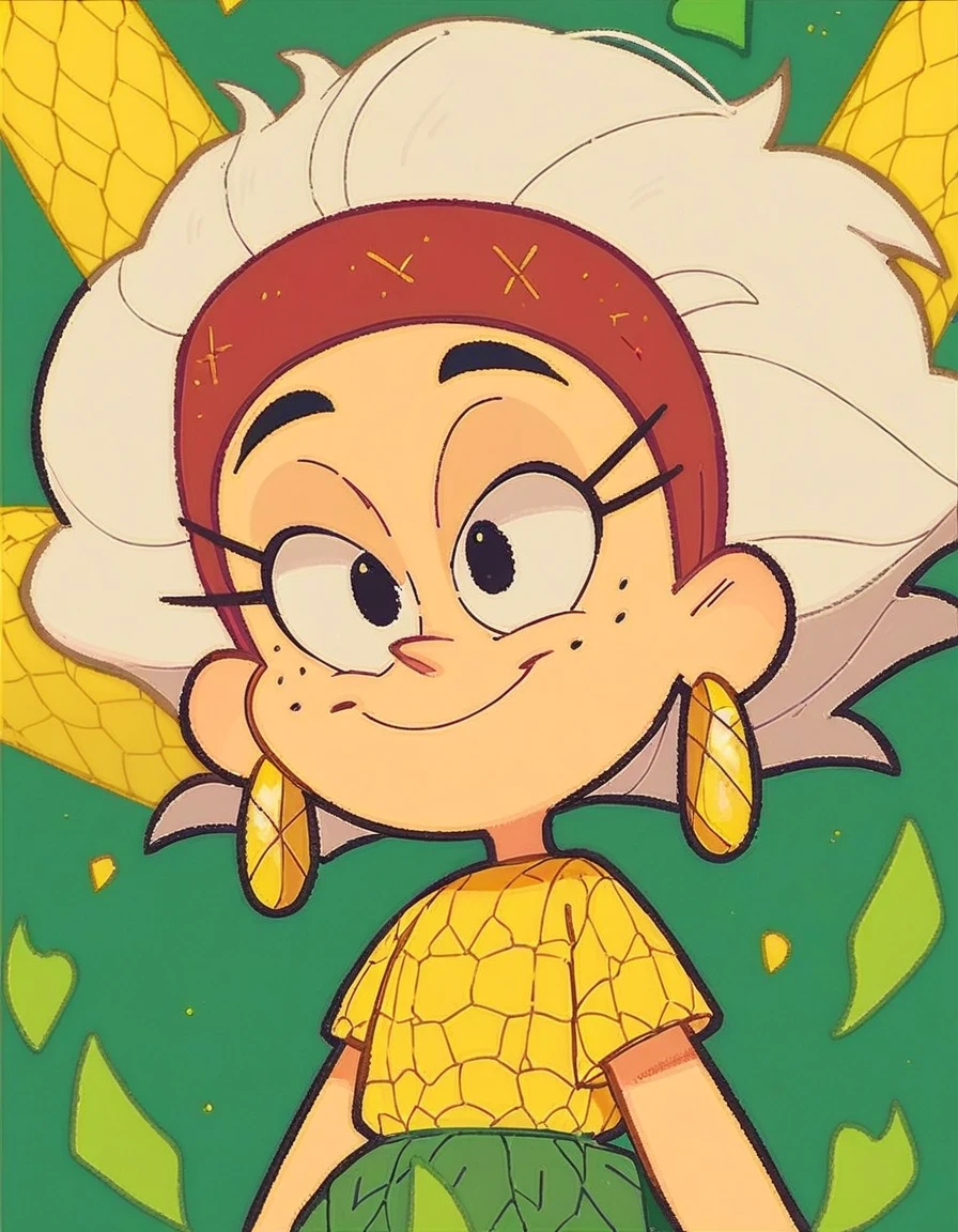 pipoca, 1girl, solo, jewelry, white hair, yellow popcorn earrings, green leaves skirt, freckles, official style, yellow popcon shirt, red headband, yellow popcorn bow, smile, black eyes