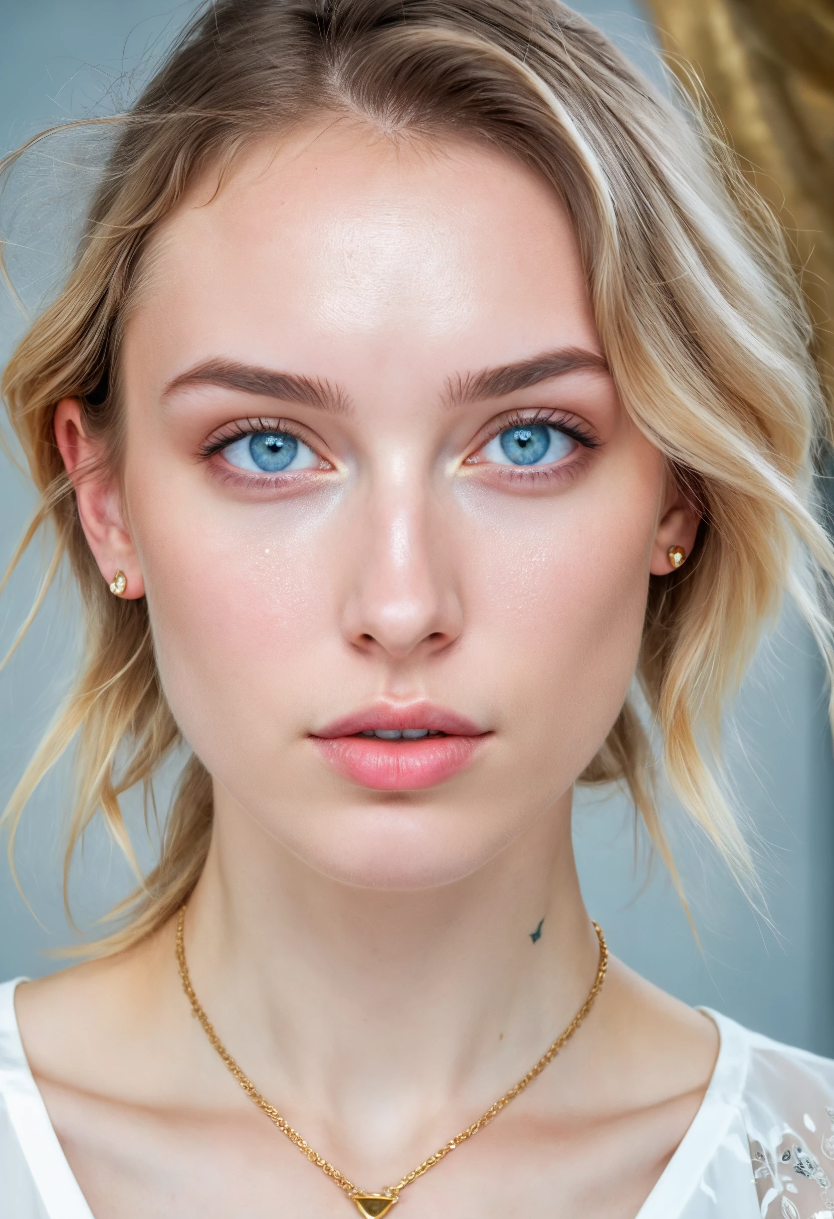 high detail, photo realism, natural skin texture, skin details, natural pores, pale and natural,

professional photography of a russian girl, white blouse, no makeup, pupils, bright pupils, heterochromia, sky blue eyes, (teardrop tattoo:1.2), gold jewelry, solid background, pastel colors,