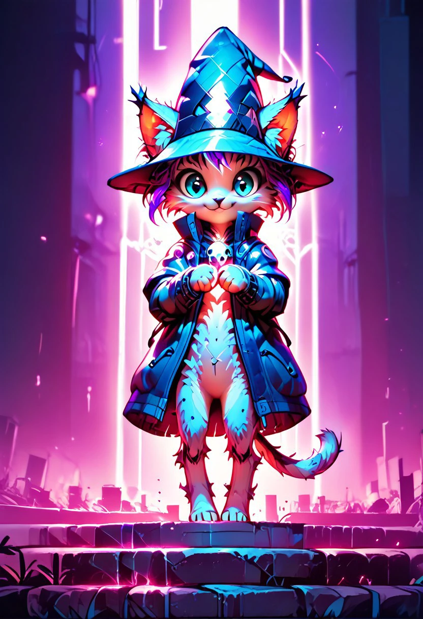 score_9, score_8_up, score_8, score_7_up, score_7, score_6_up, score_6, score_5_up, Score_5, (cute, fluffy little cat, happy cat, wearing magical hat, casting magic spells, kawaii, big eyes:1.2), library in background, vibrant, concept art, digital art, realistic, hkmagic, hkanimal
Translucent, Visibile
purple highlights
two-tone hair, purple IncursioDipDyedHair, 
HDR (High Dynamic Range), Maximum Clarity And Sharpness, Multi-Layered Textures, science fiction,
dark, chiaroscuro, low-key, outdoors, smile,
smile, looking at viewer, night, low light, neon light, neon, glowing, cinematic lighting, volumetric lighting, wide angle, g0thicPXL, glowing, neon, cold lighting,
dynamic angle, unique angle, 
dramatic lighting, future tech, future cityscape,