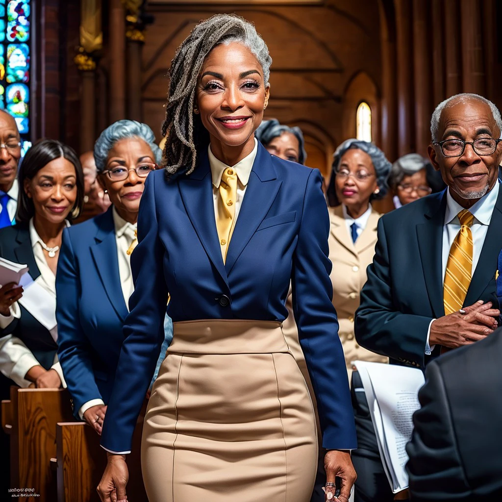 (masterpiece), best quality, expressive eyes, perfect face, amazing figure, brown eyes, loving expression, 64-year-old Black American female with grey hair, at church, attracting the eyes of the congregation, classy navy blue skirt suit, smiling like she knows she's beautiful, <lora:15fa1ff0-93a3-4579-b1ad-026af014fd7b:0.7>