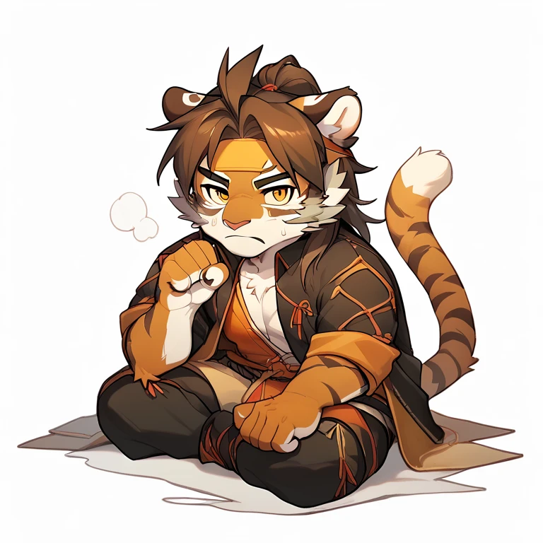 score_9,score_8 up,score_7 up,score_6 up,score_furry,
æ§å¤©è£´,manthro,tiger,solo,male,felid,black clothes,brown hair,striped fur,twitch emote,chibi,cute,striped body,yellow tur,banhair,fur,countershading,stripes,white background,clothed,sitting,orange fur,white body,sweat,aged up,looking at viewer,full body,clenched hand,<lora:Huai_Tianpei_XL_Pony_1-000008:0.8>,<lora:NijiEmotePDXL:0.8>,