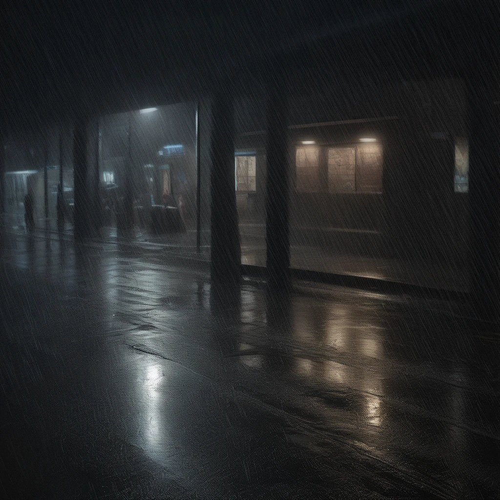 A photorealistic scenery photo of hvrn, heavy rain, rain, night, no humans