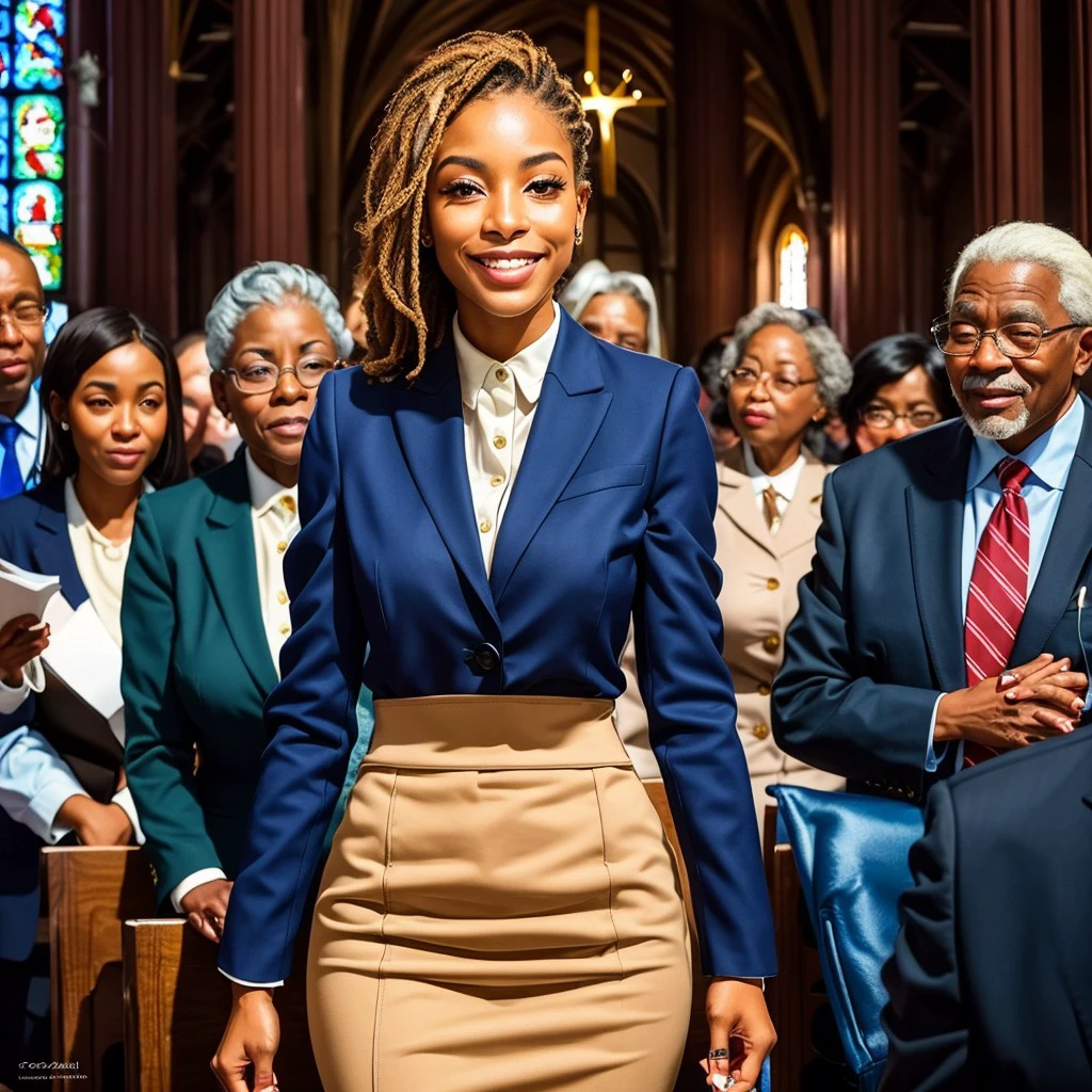 (masterpiece), best quality, expressive eyes, perfect face, amazing figure, brown eyes, loving expression, 24-year-old Black American female with grey hair, at church, attracting the eyes of the congregation, classy navy blue skirt suit, smiling like she knows she's beautiful, at a church in the 1970s