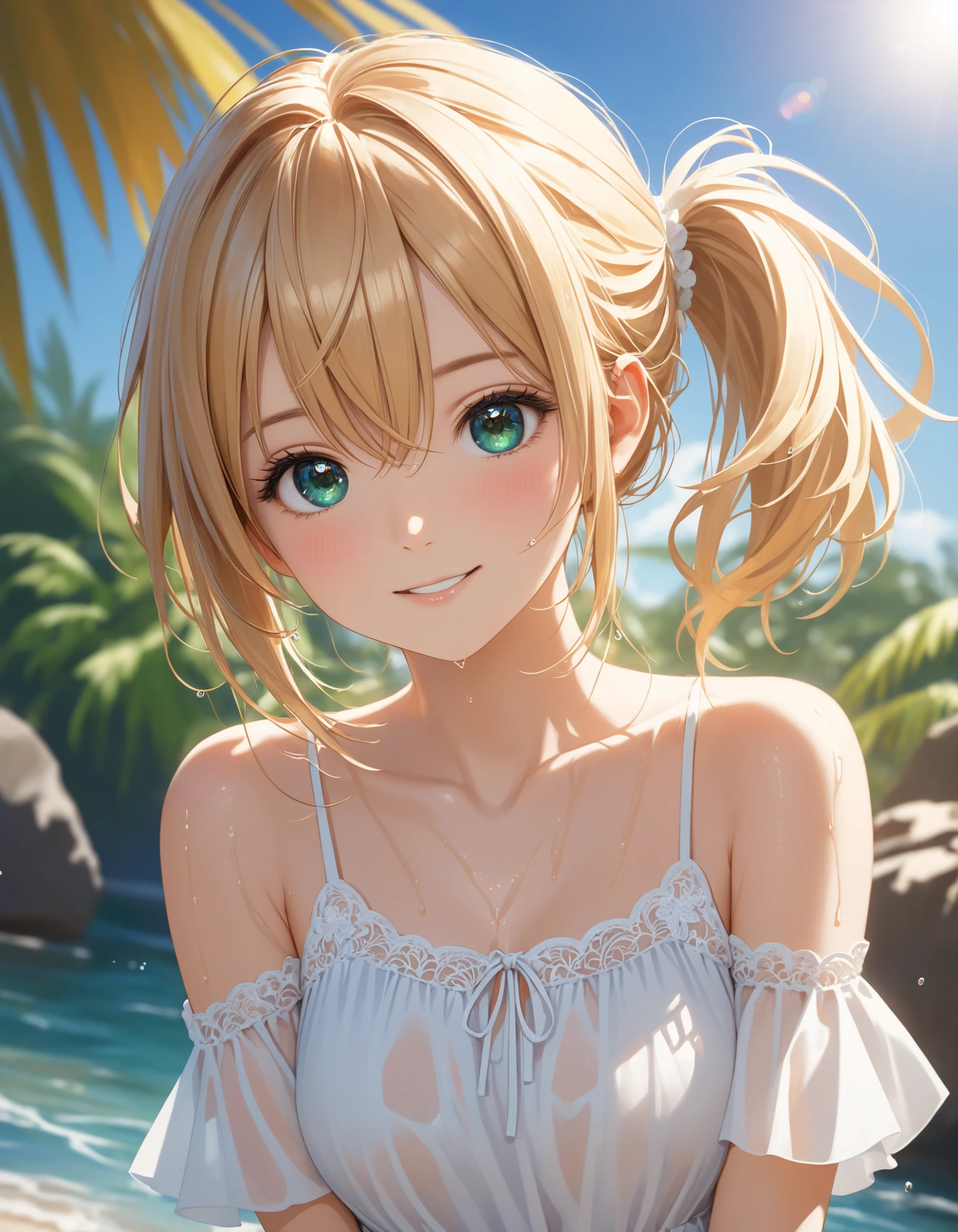 SceneDescription:
- Composition: Upper body shot. Cinematic angle.
- Subject: A cute girl.
- Characteristics:
- Face: (Round face:1.2).
- Eyes: Detailed dark-green eyes.
- Hair: Medium hair, (side ponytail:1.1), blonde hair, ahoge and hair between eyes.
- Body: Detailed slender body. Medium breasts.
- Clothing: White chiffon sundress and ruffled short sleeves.
- Elements: (Wet overflow). (Wet hair). (Wet body). (Wet clothes).
- Expression: Amused expression.
- Posing: Dynamic pose. Looking at viewer. Put in water.
- Background: Fashionable beach.
- Elements: Palm tree. (Rocks:0.7). Lush greenery. Blue sky. Lens flare.
Time: Daytime.
Season: Summer.
Lighting: (Sunbeam:1.4).
ArtStyle: Photorealistic.
Quality: Intricate details. Extremely detailed. Outstanding intricacies. (Masterpiece:1.2). (Best quality:1.2). (Absurdres absolutely resolution:1.4).
Mood: Serene atmosphere.