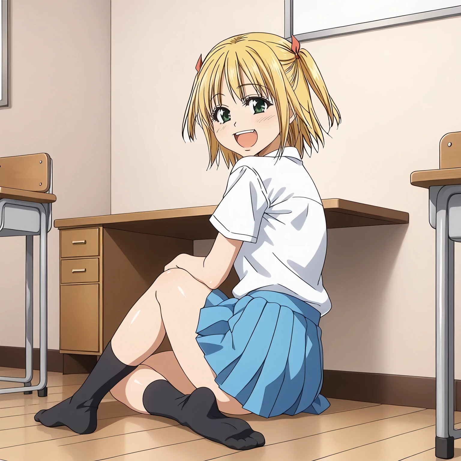 <lora:YuiWadaXLpony001>,
smile,open mouth,
solo,
YuiWada,1girl,blonde hair,two side up,medium hair,green eyes,
school_uniform,white shirt,short_sleeves,
pleated_skirt,blue skirt,
black socks,
indoors,
full body,sitting,looking back,