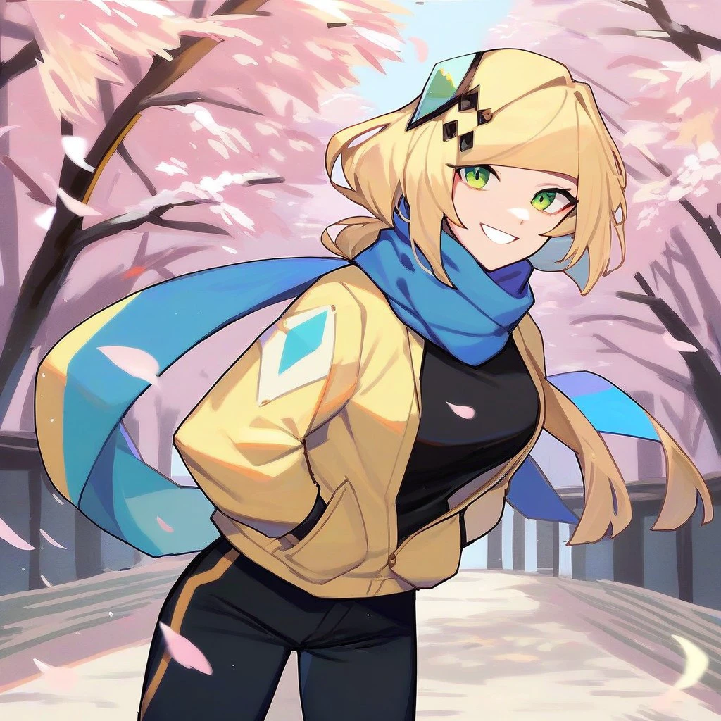 score_9,score_8_up,score_7_up,score_6_up,score_5_up,score_4_up, solo, 1girl, blonde hair, green eyes, long hair, ponytail, hair ornament, black shirt, yellow jacket, hands in pockets, smile, pants, outdoors, cherry blossom, falling petals, scarf, blue scarf