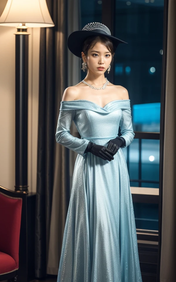 halfbody  <lora:Jang_Man_Wol_V2:1> Jang_Man_Wol, hotel del luna, kdrama,   BREAK _long fashionable frock Blue _, jewellery, (posh:1.3), big hat, gloves