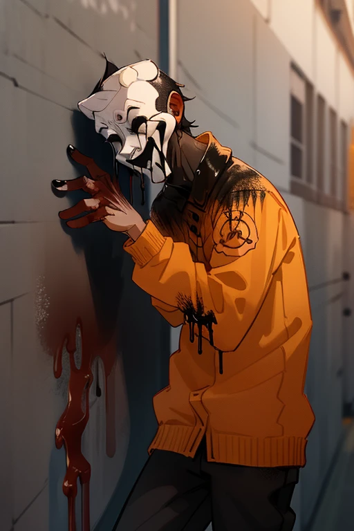 <lora:sco035-09:1>scp035, cowboy shot, half body, clothed, black slime, blood, covered in black slime, behind alley way, night, leaning on wall, hand on wall, looking down, horror shot, wearing prisoner outfit, orange jumper, detailed background,, masterpiece, best quality