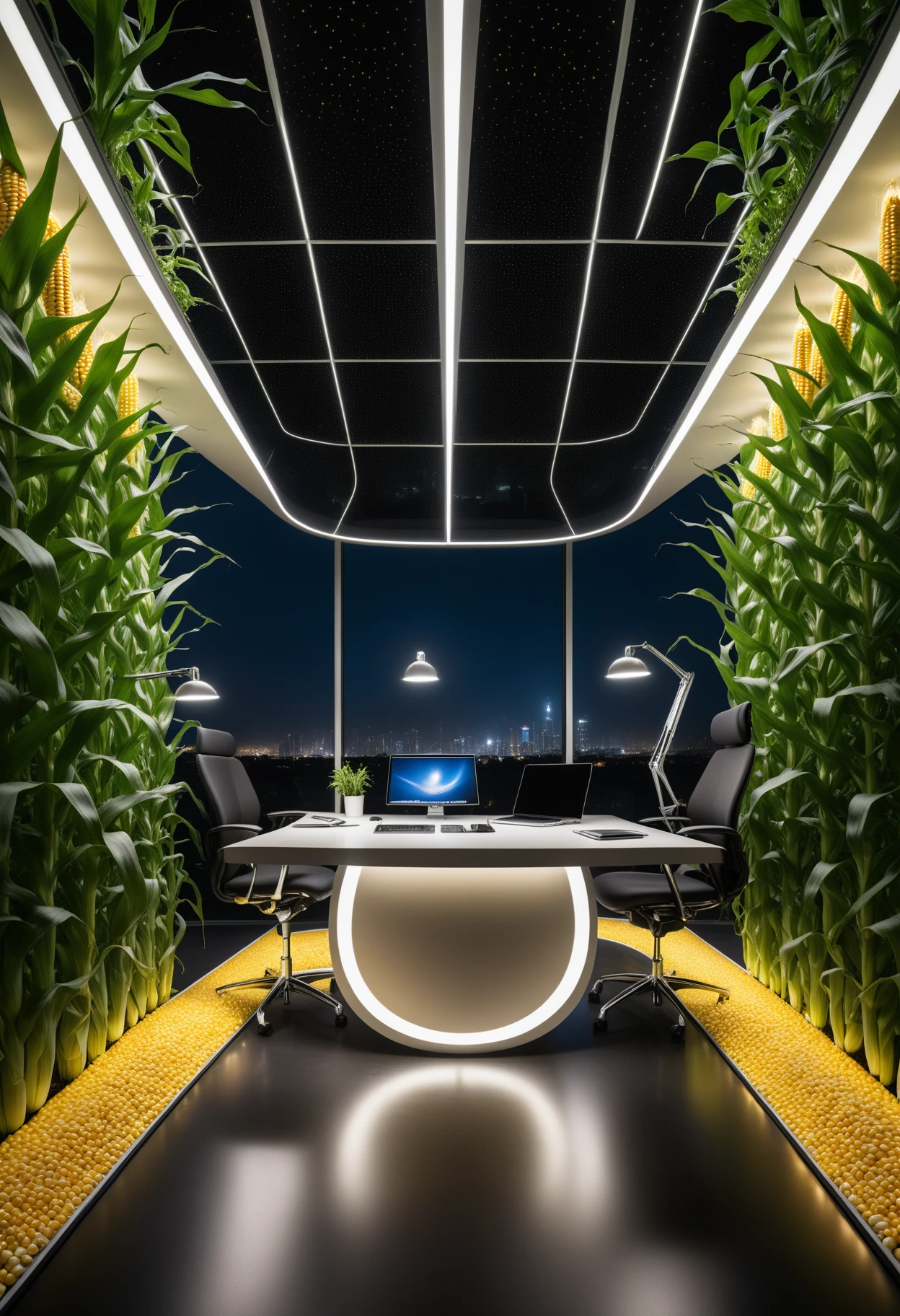 corn kernels futuristic office with frontal view, balanced natural and LED lighting ,by night, Jed-CornK    <lora:CornKernelStyle:0.4>