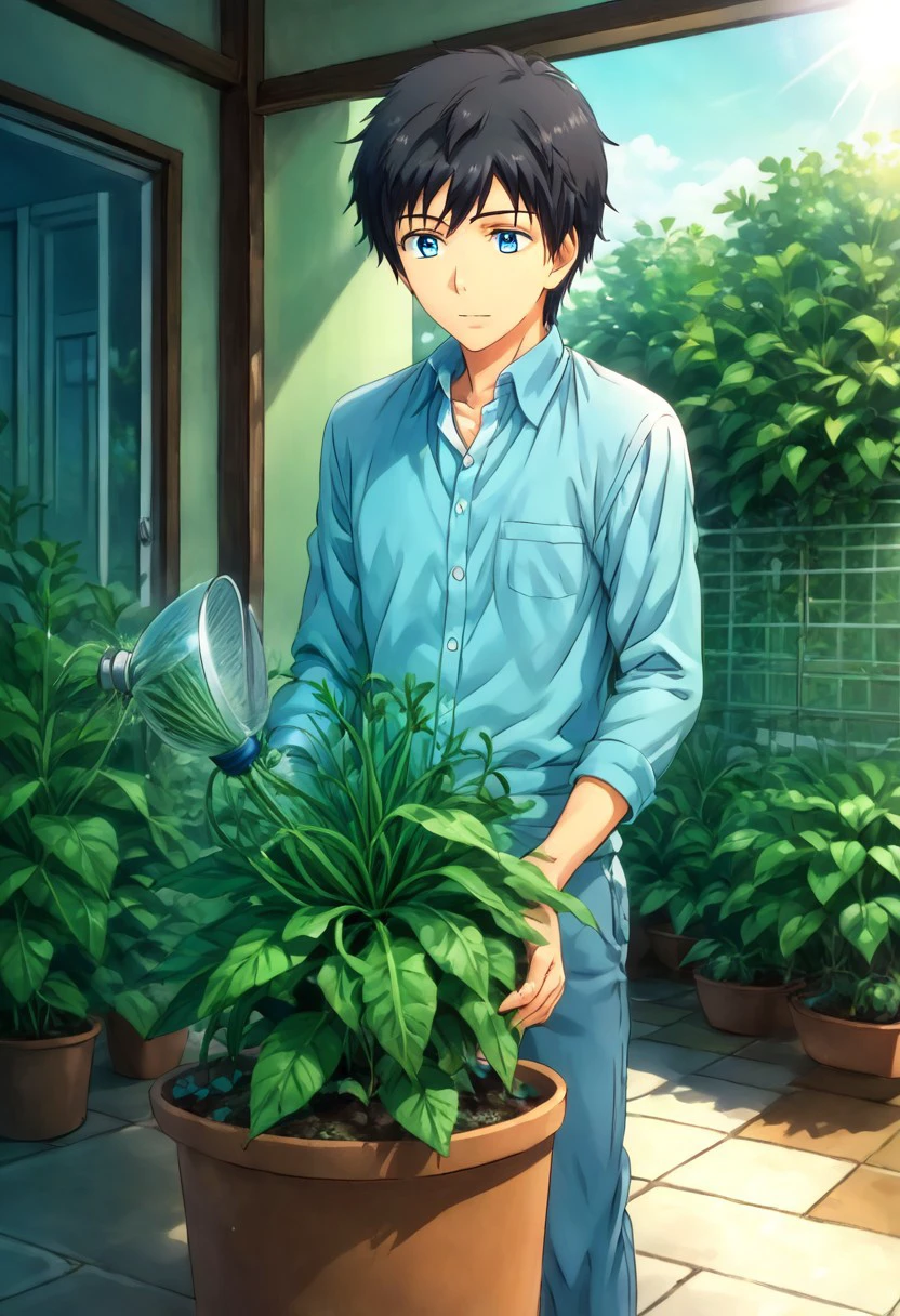 high resolution, solo, best quality, 1Boy, Arata Kaziaki, Black Hair, Blue Eyes, Gardening, watering plants, sunshine, backyard,