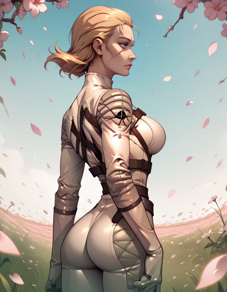 score_9, score_8_up, score_7_up,score_6_up, score_5_up, score_4_up , 1girl, solo,
large breasts,
bossdg,
blonde hair, blue eyes, 
scar, bodysuit, 
from behind, ass, 
profile,
field, petals, falling petals, 
 <lora:MGS3 Boss  PonyXL v01-000003:1>