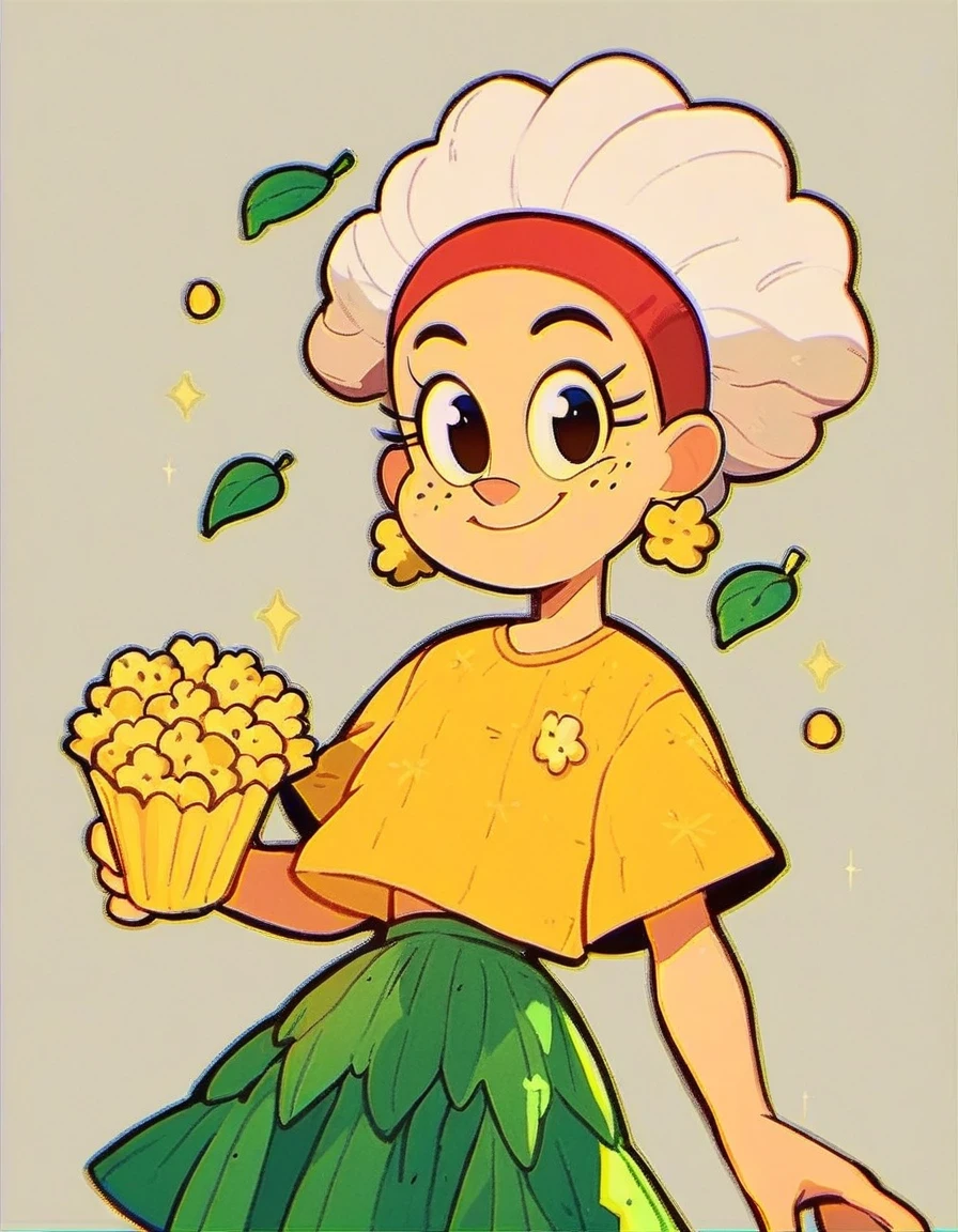 pipoca, 1girl, solo, jewelry, white hair, yellow popcorn earrings, green leaves skirt, freckles, official style, yellow popcon shirt, red headband, yellow popcorn bow, smile, black eyes