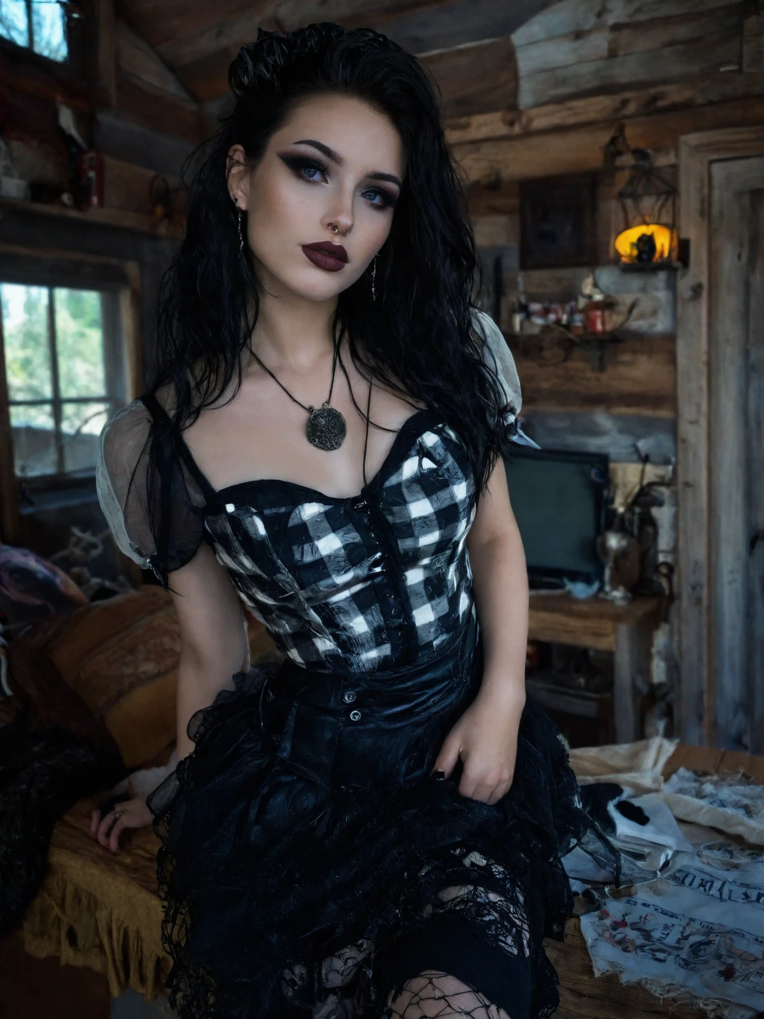 goth a woman wearing summer clothes , romantic cabin interior, makeup <lora:goth-XL:1>