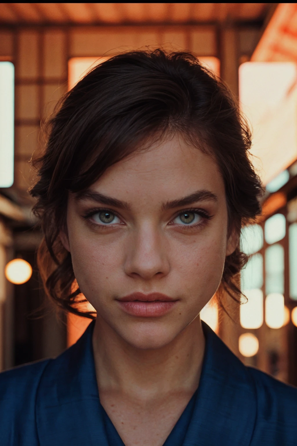 a woman wearing kimono wrap dress, (Farm), (cinematic lighting:0.4) <lora:[HU]_-_Barbara_Palvin:1> mt-barbarapalvin, RAW candid cinema, 16mm, color graded portra 400 film, remarkable color, ultra realistic, textured skin, remarkable detailed pupils, realistic dull skin noise, visible skin detail, skin fuzz, dry skin, shot with cinematic camera