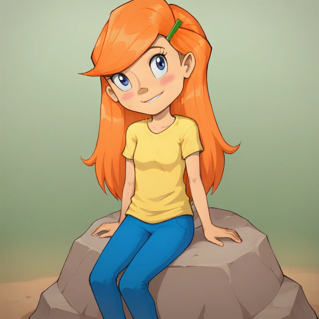 score_7_up, BREAK, Riley,  1girl, solo, orange hair, long hair, blue eyes, hairclip, yellow t-shirt, blue pants,  <lora:RileyDaring_FluffyStyle_PXL_Leaf1:0.8>, looking at viewer, sitting on rock, cowboy shot,