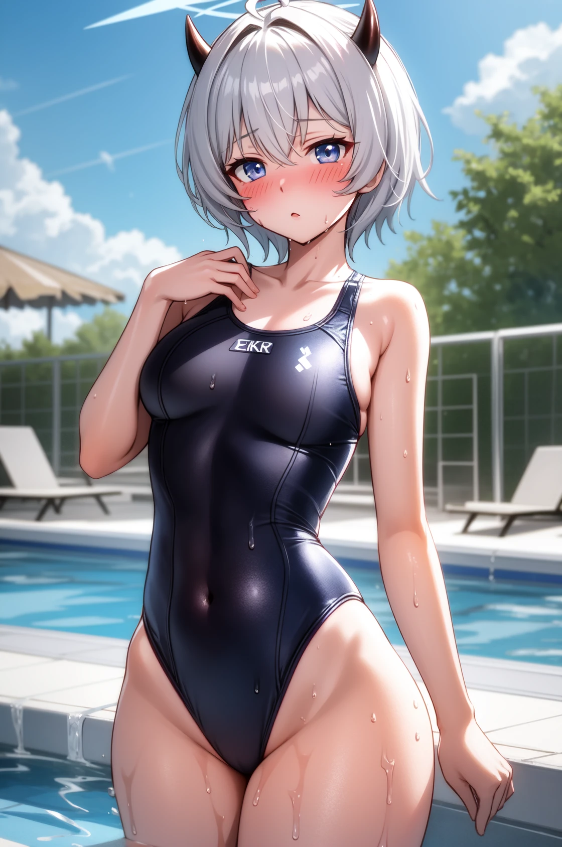 Transparent nipples、swimsuit for school ,See-through swimsuit、Pissing in the pool、peeing girl 、Silver Hair、Black haired human girl、Squatting and spreading legs、Grab your nipples with your hands