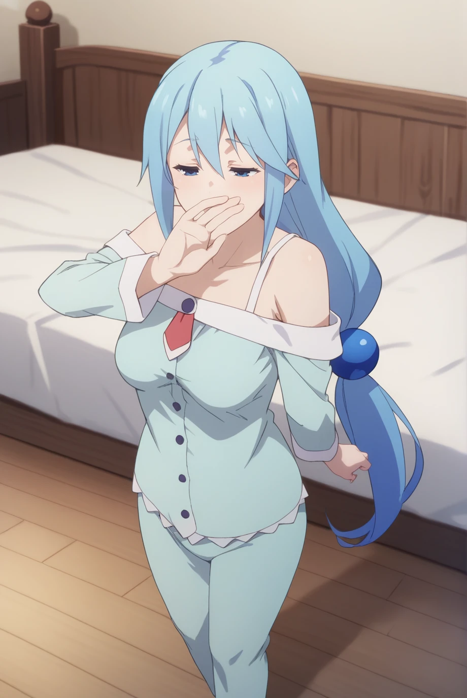 score_9, score_8_up, score_7_up, score_6_up, score_5_up, score_4_up, BREAK source_anime, 1girl, solo,
<lora:AquaXL-v1-07:0.7>, ChopioAqua, blue hair, long hair, very long hair, hair ornament, hair between eyes, blue eyes,
mature female, (thick thighs:0.8), medium breasts,
low ponytail,
outfit_2, blue pajamas, strap, off-shoulder, red necktie, blue gem, buttons, blue pajama bottoms,
bedroom, bed, fantasy, wooden floor,
standing, yawning, half-closed eyes, covering mouth, open mouth, stretching,