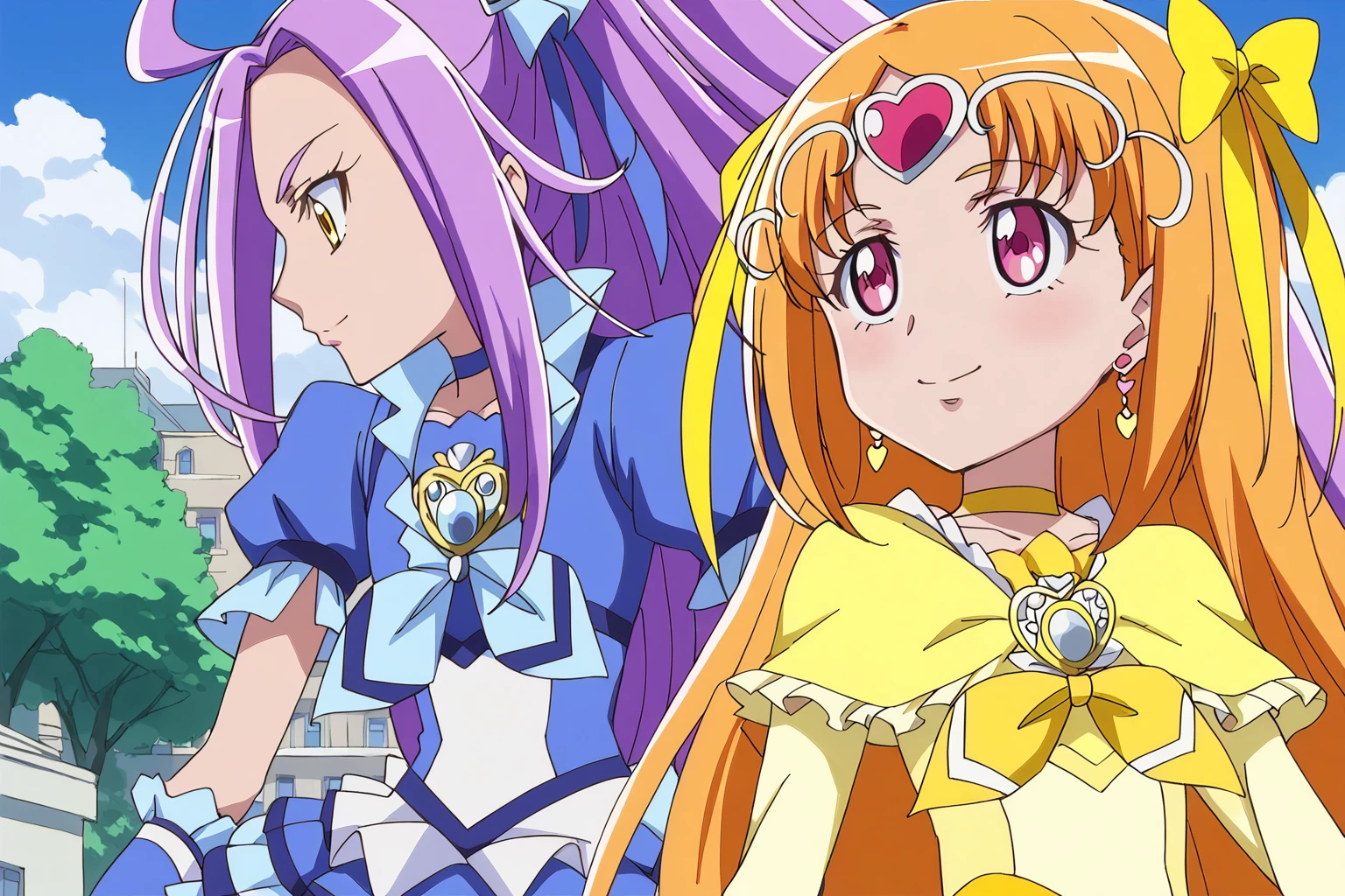 <lora:suite_precure_all_in_one_sdxl_locon_pony_v1:0.7> 2girls, day, outdoors, building, profile, sky, tree, anime coloring, staring, group profile, looking at another, cloud, eye contact, smile, cure beat, purple hair, side ponytail, high ponytail, very long hair, parted bangs, ahoge, yellow eyes, eyelashes, hairpin, hair ribbon, earrings, blue dress, frilled dress, puffy short sleeves, frilled sleeves, blue skirt, frilled skirt, layered skirt, miniskirt, petticoat, wrist cuffs, arm warmers, blue neckwear, blue choker, brooch, upper body, looking down, 
2girls, cure muse \(yellow\), orange hair, blonde hair, brown hair, very long hair, pink eyes, purple eyes, red eyes, eyebrows visible through hair, eyelashes, yellow dress, capelet, long sleeves, wrist cuffs, bubble skirt, yellow skirt, layered skirt, frilled skirt, yellow choker, yellow neckwear, brooch, hair ribbon, hair bow, yellow ribbon, yellow bow, circlet, tiara, heart hair ornament, earrings, upper body, child, looking at another, eye contact, smile. looking up,