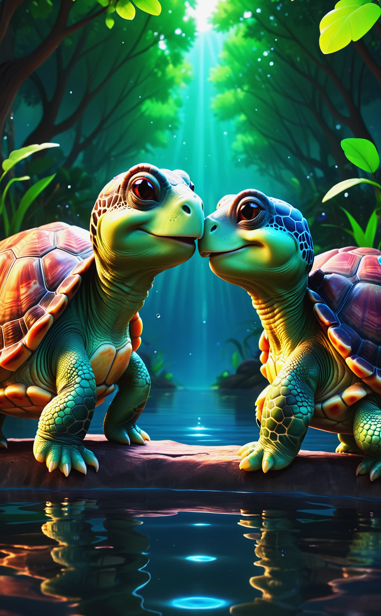 Love is, two cute turtles, kawaii, 3d illustration, concept art, depth of field, high contrast, sharp focus, best quality, high resolution.