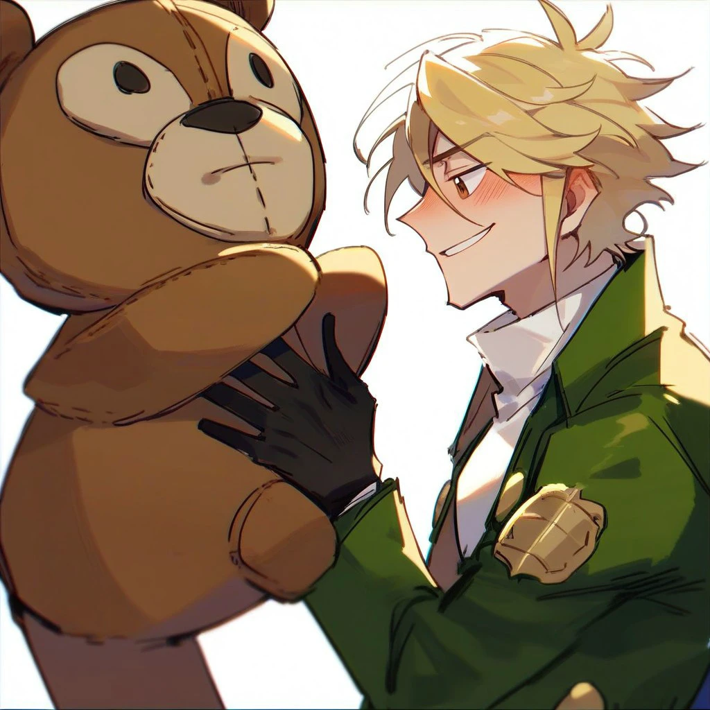 score_9,score_8_up,score_7_up, solo, 1boy, male focus, sidelocks, blonde hair, brown eyes, black gloves, white shirt, green jacket, belt, brown pants, holding stuffed animal, holsing teddy bear, smile, blush, looking down, holding, stuffed animal, teddy near