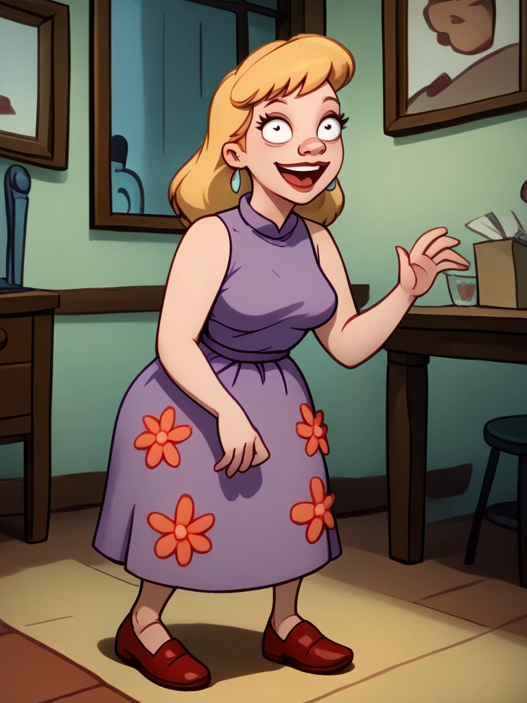 <lora:Torvalds_Mom_-_Hey_Arnold_-_1996-09:1> 1girl, blonde hair, eye shadow, purple dress, earrings, sleeveless dress with floral print, solo, indoors, jewelry, floral print, smile, sleeveless, dress, long hair, open mouth, parody, skirt, red footwear,, source_cartoon, score_9, score_8_up, score_7_up,