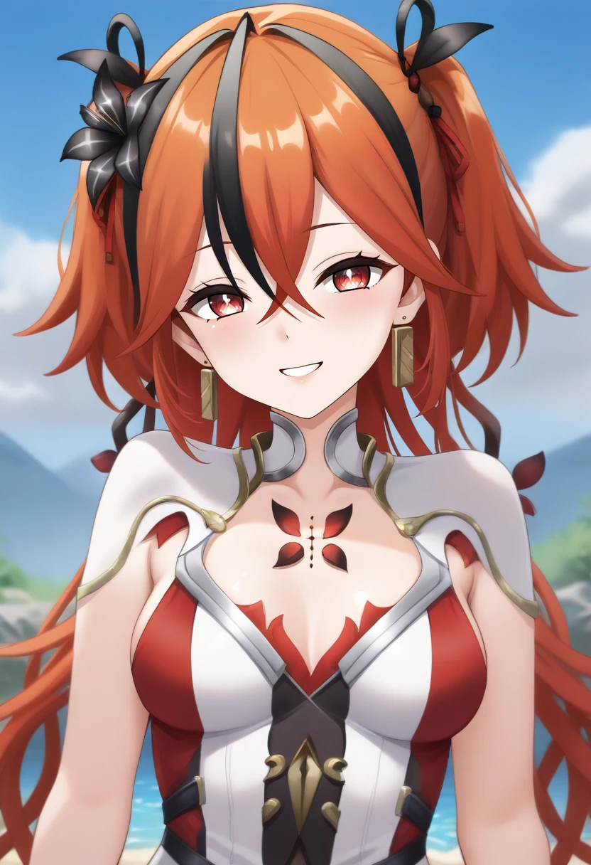 1girl, solo, long hair, looking at viewer, smile, bangs, black hair, red eyes, hair between eyes, jewelry, flower-shaped pupils, red hair, orange hair, gradient hair, flower on chest, on back, multicolored hair, earrings, outdoors, sky, cloud, streaked hair, Camellya  <lora:SDXL_Hyper:1>  <lora:Timm_Style_XL:1> <lora:StaC:1>