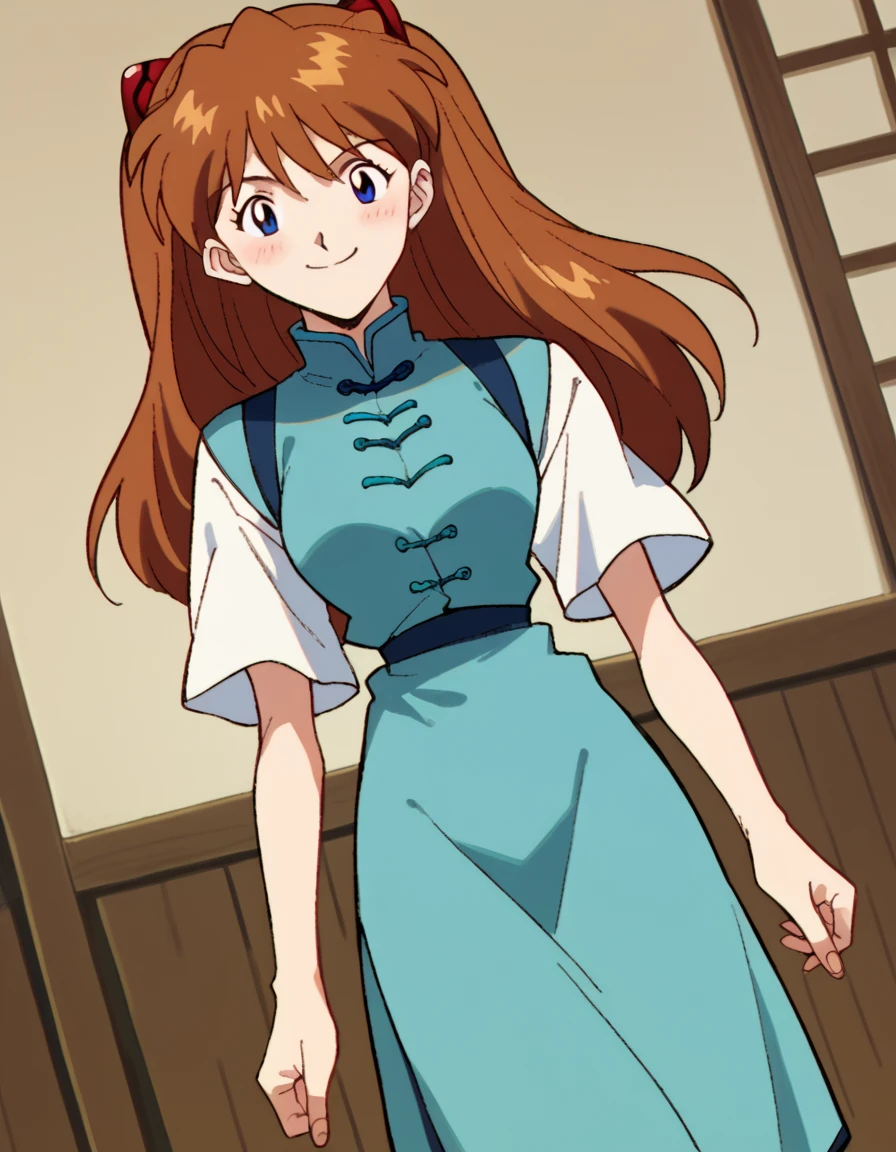 score_9, score_8_up, score_7_up, source_anime, asukalangleysoryu, <lora:asuka-langley-soryuu-classic-ponyxl-lora-nochekaiser:1>, asuka langley soryu, long hair, bangs, blue eyes, brown hair, hair ornament,, <lora:tangzhuang-ponyxl-lora-nochekaiser:1>, tangzhuang, chinese clothes,, indoors, smile, blush,, full body, dutch angle, looking at viewer,