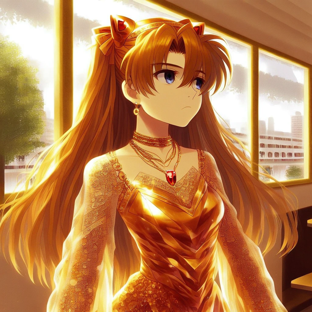 1girl, solo, upper body, Asuka Langley, gold dress, gold necklace, gold choker, gold earrings, gold hairband, lace overlay, see-through cleavage, holding a ruby crystal, looking away, bored facial expression, cafe, window, trees, cityscape, sunlight