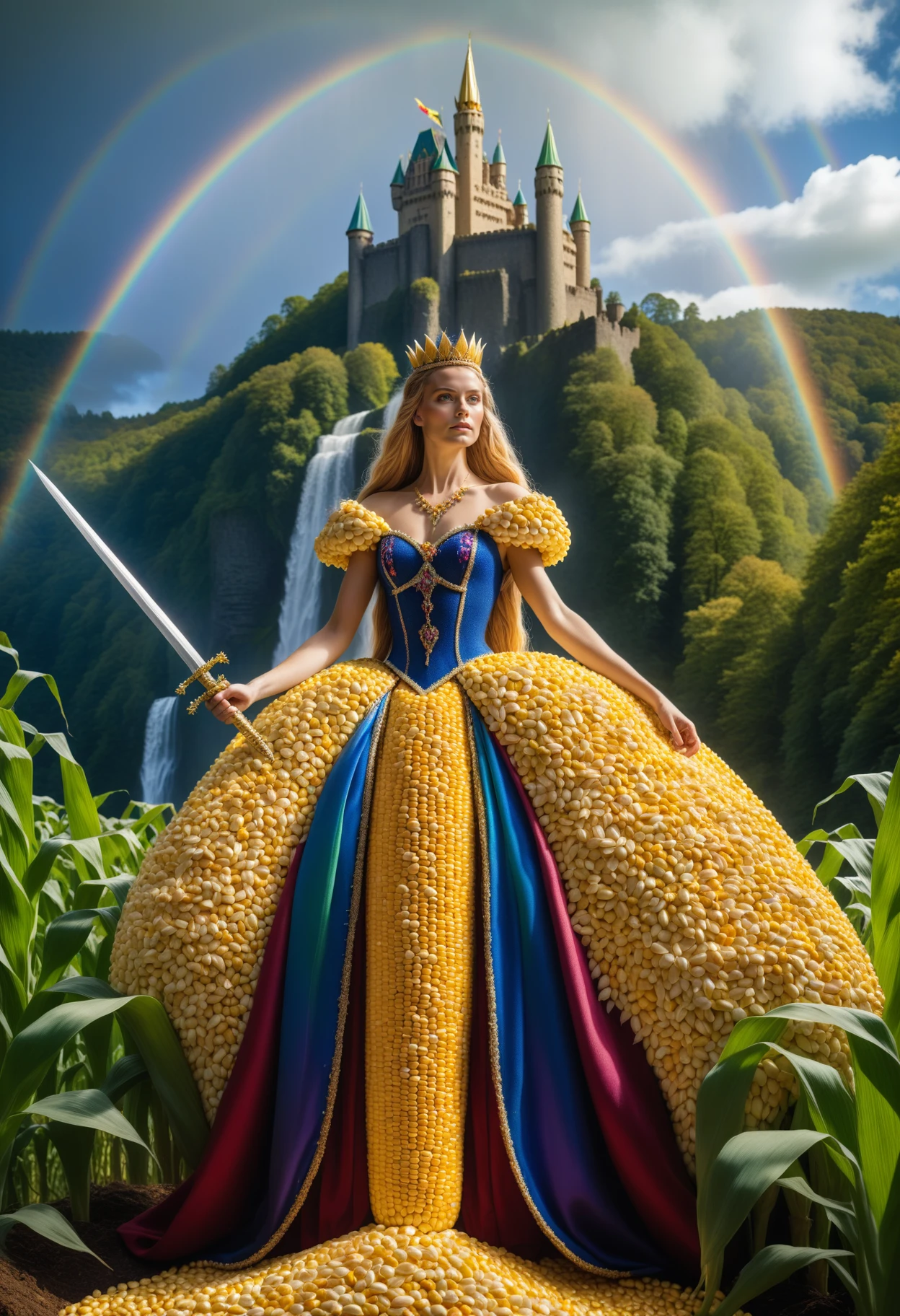 A princess with a tiara made of corn kernels and a majestic voluminous dress made of corn kernels. She carries a sword made of corn kernels and stands in front of an imposing castle on a hill, surrounded by a deep forest, with a waterfall and a rainbow in the background,Jed-CornK    <lora:CornKernelStyle:0.4>