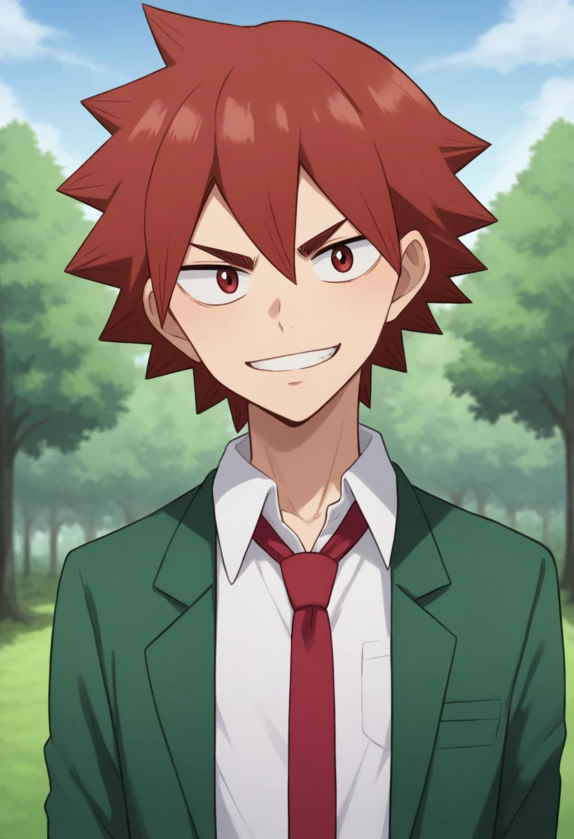 score_9, score_8_up, score_7_up, source_anime, highly detailed, slender, skinny,
naruko, 1boy, male focus, necktie, solo, school uniform, red hair, smile, jacket, green jacket, shirt, red eyes, white shirt, spiked hair, red necktie, upper body, looking at viewer, long sleeves, collared shirt, open clothes, open jacket, plaid pants, plaid, pants
outdoor, sky, tree,