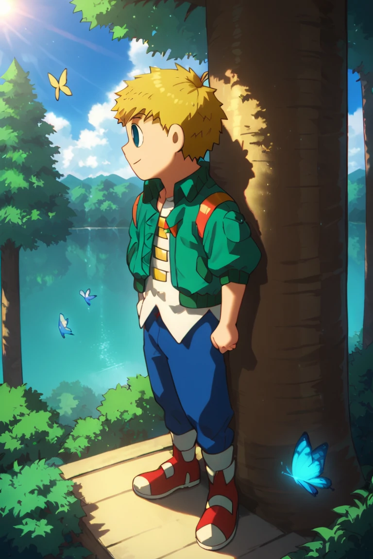 score_9,score_8_up,score_7_up,source_anime,1boy, male, solo, looking away,Flock,blonde hair, blue eyes, sky, smile, white shirt, green jacket, blue pants, light rays, red footwear, forest, butterfly, many butterfly<lora:EMS-383141-EMS:1.000000>