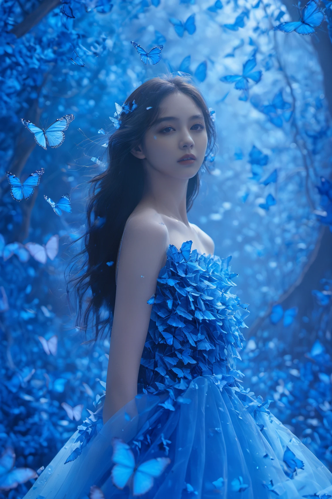 A young woman surrounded by a myriad of vibrant blue butterflies. She is adorned in a gown that mirrors the hues of the butterflies, with intricate patterns and embellishments. The backdrop is a mesmerizing blue forest, illuminated by a soft, ethereal light. The woman's gaze is distant, and her hair flows freely, suggesting a sense of freedom and wonder.<lora:EMS-411922-EMS:1.000000>