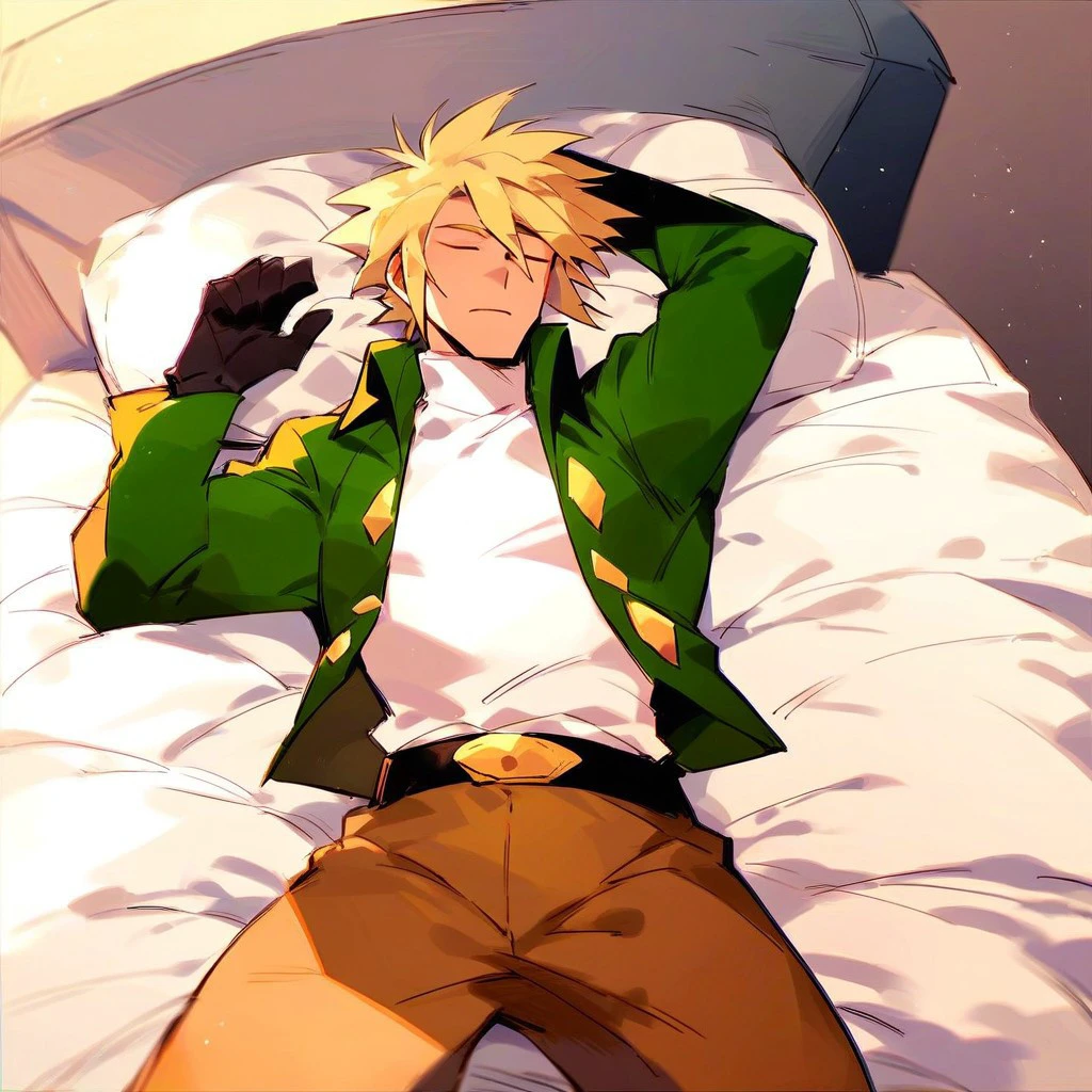 score_9,score_8_up,score_7_up, solo, 1boy, male focus, sidelocks, blonde hair, black gloves, white shirt, green jacket, belt, brown pants, closed eyes, sleeping, bed, on bed, lying, on back, indoors