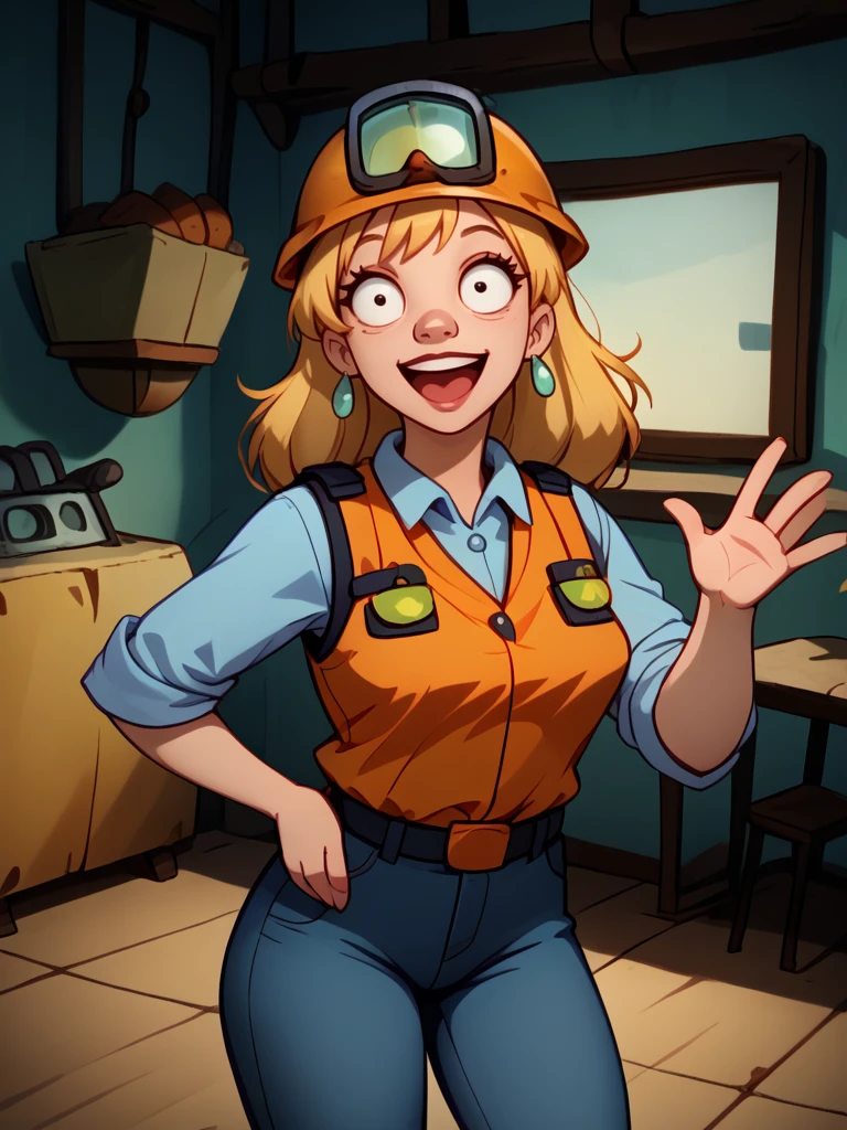 <lora:Torvalds_Mom_-_Hey_Arnold_-_1996-09:1> 1girl, blonde hair, eye shadow, earrings, solo, indoors, jewelry,  smile, open mouth,  long hair, parody, consturction worker, hardhat, safety vest, jeans, safety goggles,, source_cartoon, score_9, score_8_up, score_7_up,