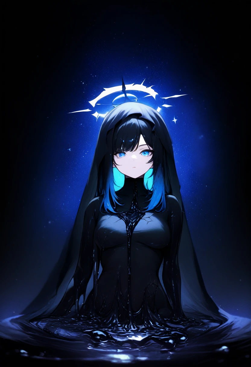 masterpiece,great,best,1girl,solo,medium breasts,broken halo,cracked halo,upper body,looking at viewer,full body,sitting,black halo,ambient composition,black veil,black liquid,two-tone hair,starry sky print hair,melting,blue eyes,