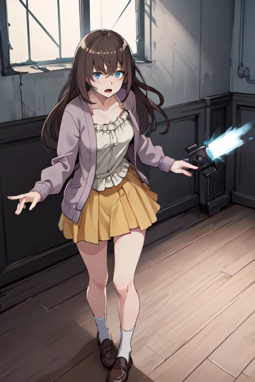 masterpiece, best quality, highres,
1girl, solo, mio ikoma, long brown hair, blue eyes, open pink cardigan, white blouse underneath, yellow knee-length skirt, brown leather shoes, <lora:Mio Ikoma:0.7>, standing, mid-action, indoors, haunted house, eerie atmosphere, holding camera, frightened expression, moving shadows, whispering voices, creepy atmosphere