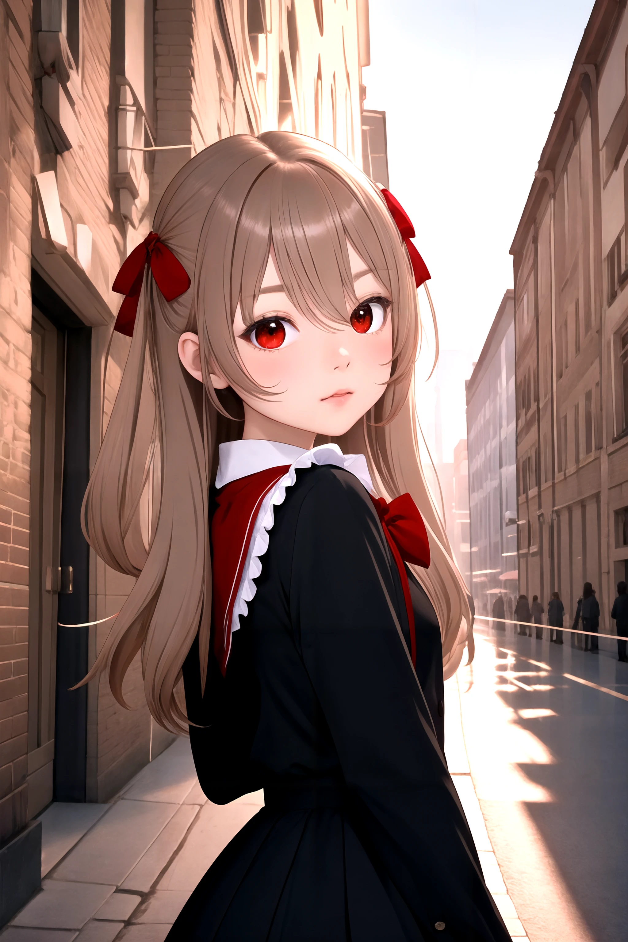 Evi1neuro-sama, digital art, (evi1neuro-sama:1.3) , surrounded by a group of people wearing Overalls, very confused, frilled black dress, bow, bangs, hair ornament, heart, heart hair ornament, long hair, red bow, red bowtie, red eyes, ribbon, school uniform, shirt, two side up, Trendy hair, Panorama, Ultrarealistic, elegant, soft light, F/2.8, elegance, <lora:Evi1neuro-sama:0.5>, shiny, epic atmosphere, intricate, complex artistic color composition, stunning detail