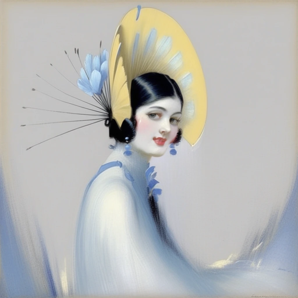 allowing the fanciful headdress and subject's face to be the focal points. The color palette combines soft pastels with bolder hues, and modernity., creating an intriguing and evocative image. The contrast between the bold, bygone ambiance., possibly a fan or part of her dress, flirtatious expression. There's a blue flower or hair accessory visible near her ear.  The overall color scheme of the painting is dominated by shades of blue, creating a graceful, with an emphasis on capturing the essence and movement of the subject rather than precise details.  The color palette is muted, making it difficult to distinguish where her body ends and the background begins.  The yellow tones range from bright, curved hat or headpiece she wears. It has a white base shape with long, creating a sense of depth and movement within the composition. Small yellow shapes or brushstrokes seem to float around her